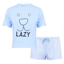 Fabric Velvet Stripe Shorts Soft Pyjama Set with Lazy Slogan
