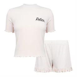 Fabric Waffle Cotton Frilly Shorts Pyjama Set with Relax Slogan